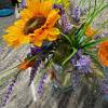 orange sunflower, grass, glass vase with ribbon